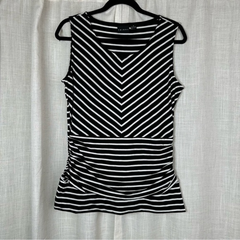 Tribal Womens Medium Black White Chevron Striped Tank Top Ruched Waist Work Chic